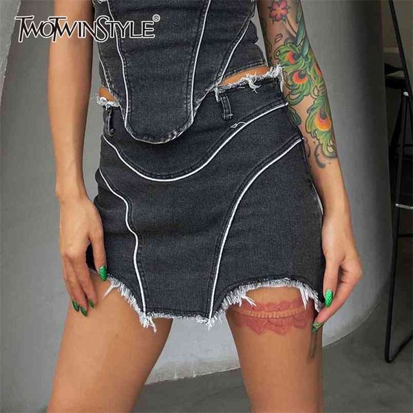 

hit color patchwork tassel skirt for women high waist a line denim skirts female fashion clothing summer 210521, Black