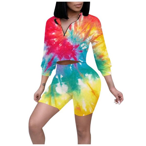 

women 2 piece summer sets fashion tie-die print tracksuit v-neck zipper long sleeve +bike sports shorts set outfits two dress, White