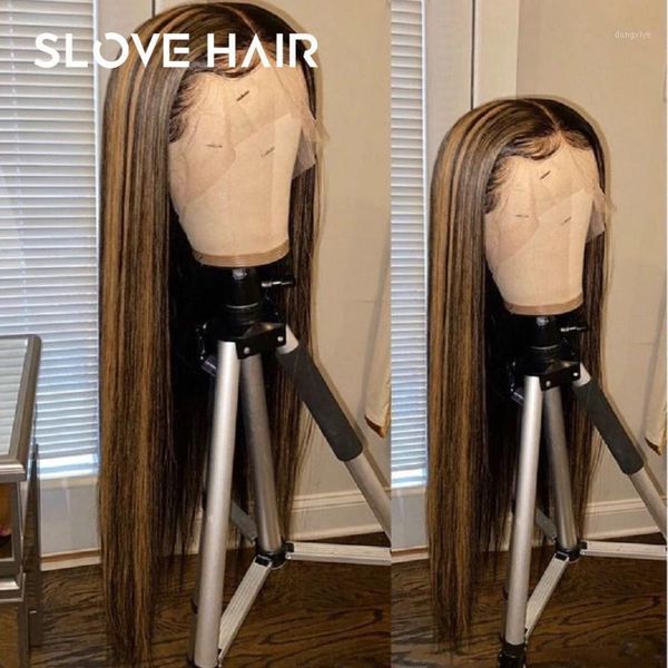 

13x4 long straight honey blond lace front human hair wigs for women ombre color highlight remy brazilian preplucked slove hair1, Black;brown