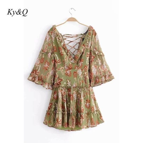 

casual dresses boho vintage women autumn fashion printed dress with back straps hollow out a-line mini flare sleeve clothing 2021, Black;gray