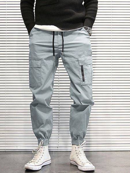 

men flap pocket drawstring waist cargo pants j27f#, Black