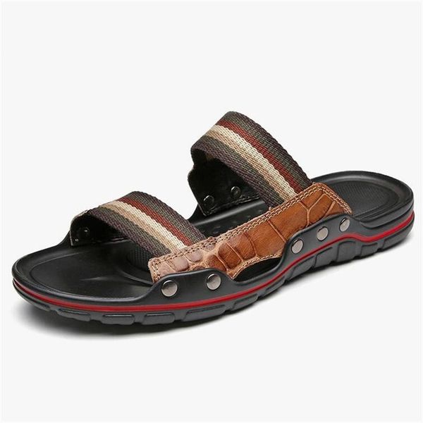 

slippers summer leather nylon patchwork outdoor beach flip flops casual slides soft comfortable couple shoes, Black