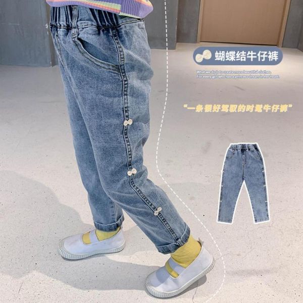 

7plus1 girls jeans pants kids trousers autumn spring long bow tie cute children 2 3 4 5 6 7 8t years old loose, Blue