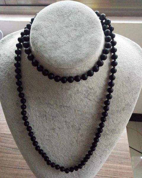 

chains matte black onyx bead necklace long stone knotted natural men 71cm, Silver