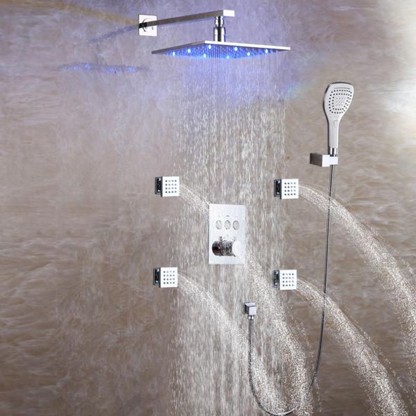 

thermostatic rain shower system faucet set wall mounted brass 10 inch led head with body message sprayer jets chrome polished bathroom sets