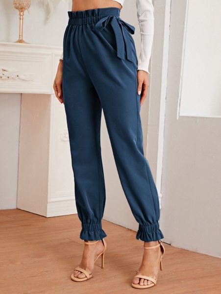 

paperbag waist knotted tapered pants j70v#, Black;white