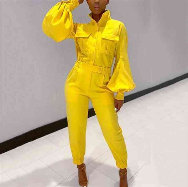 

jumpsuits for women yellow lantern sleeve turn down collar fashion causal sport elegant long jumpsuits ladies clothes, Black;white