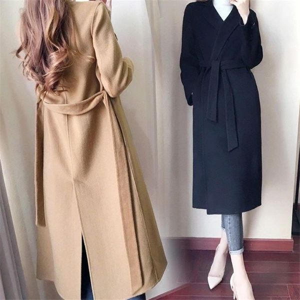 

women's wool & blends 2021 autumn winter women vintage slim plus size long blend coat with belt female korean woolen outerwear abrigos, Black