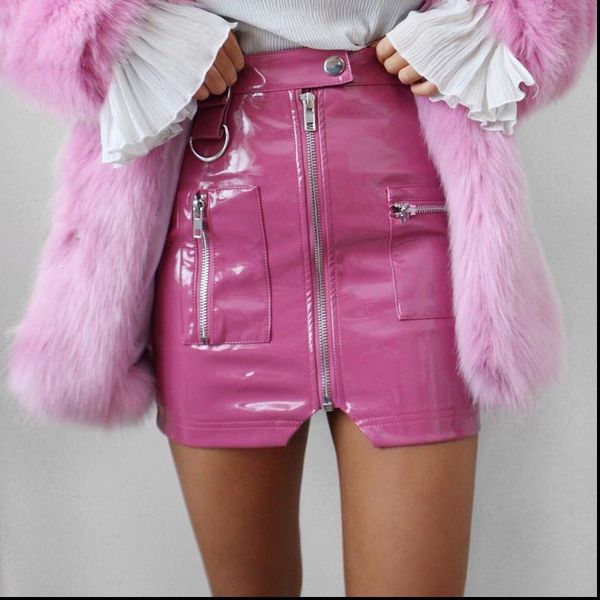 

high waist pu womens skirt pink leather slim zipper pocket summer fashion mini streetwear pencil saias, Black