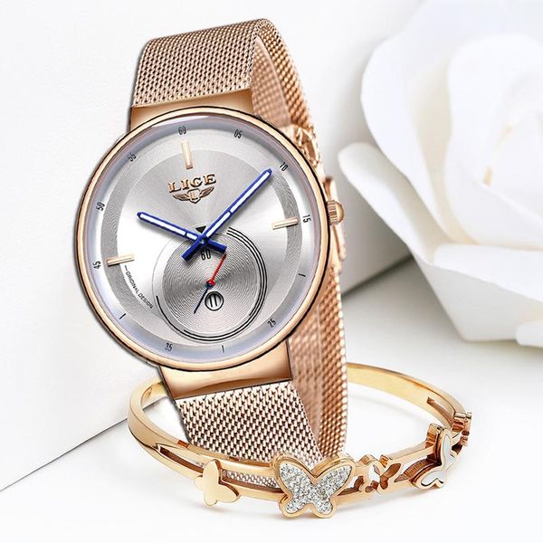 

wristwatches 2021 japan quartz movement lige women all steel strap rose gold waterproof watch drop reloj hombre, Slivery;brown