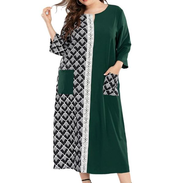 

muslim fashion temperament loose casual women's dress simple oversize pocket color contrast splicing round neck dresses, Black;gray