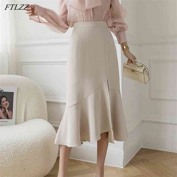 

spring summer women high waist mermaid skirt casual female solid color chic irregular medium ruffles trumpet skirts 210430, Black