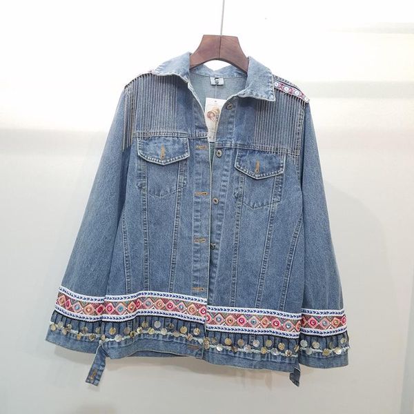 

women's jackets 2021 spring autumn harajuku long sleeve denim jacket loose heavy industry stitching fringed jeans coat female, Black;brown