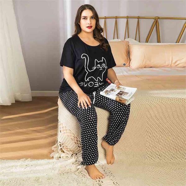 Plus Size Pajamas das Mulheres Conjuntos Senhoras Casa de Verão Ternos com Manga Curta 2 Piece Sleepwear Mulheres Algodão Homerwear Outfits 210809