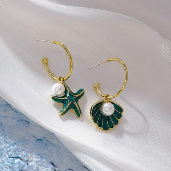 

dangle & chandelier 2021 arrival metal trendy geometric blue asymmetric starfish shell pearl gold color earrings for women fashion jewelry p, Silver