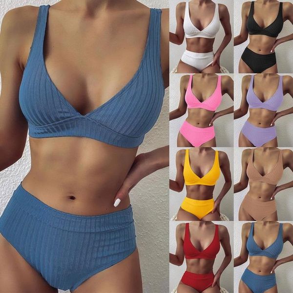 

women's swimwear solid ribbed bikinis 2021 mujer high waist swimsuit women v neck female sport bathing suit stripe beach wear, White;black
