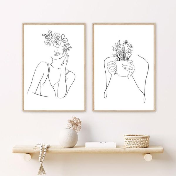 

paintings simplicity line drawing poster and print black white abstract flower woman artwork canvas painting wall art picture home decor