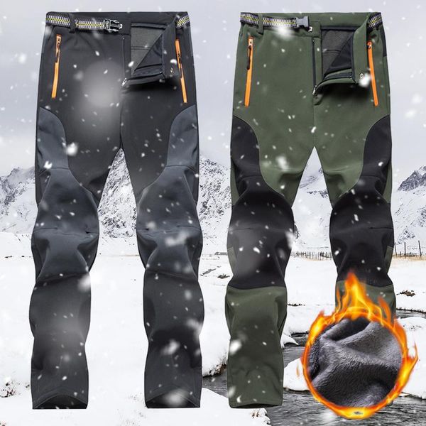 

men winter thicken trekking pants waterproof outdoor windproof softshell trousers elastic waist camping male men's, Black