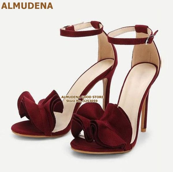 

burgundy satin cloth ruffle sandals stiletto heels wine red silk flounce wedding pumps floral buckle strap party shoes, Black