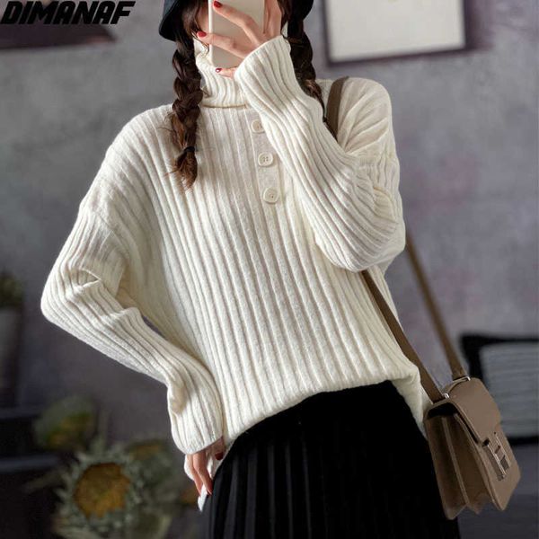 

plus size women knitting sweaters turtleneck buttons warm pullover striped fashion casual vintage autumn loose sweater 210531, White;black