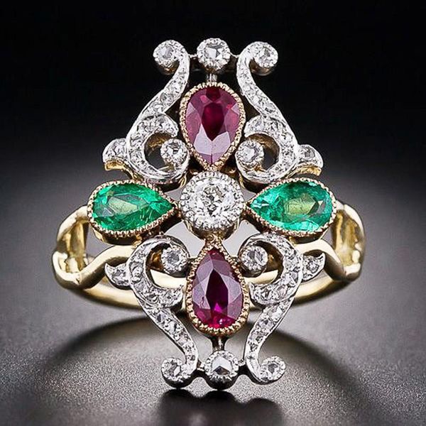 

wedding rings boho flower pattern shape for women shine multicolor cz stone inlay engagement banquet jewelry ethnic style band, Slivery;golden