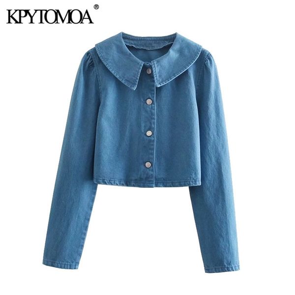 Mulheres Moda Peter Pan Collar Cropped Jeet Denim Casaco Casaco de Manga Longa Button-Up Feminino Outerwear Chique Tops 210420