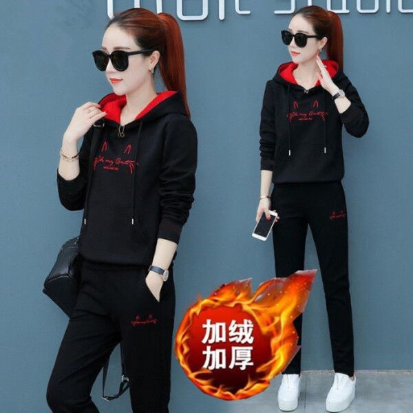 

new leisure sports suit for autumn and winter 2020 women's korean version embroidered hooded loose long sve plush thickened two-piece s, Gray
