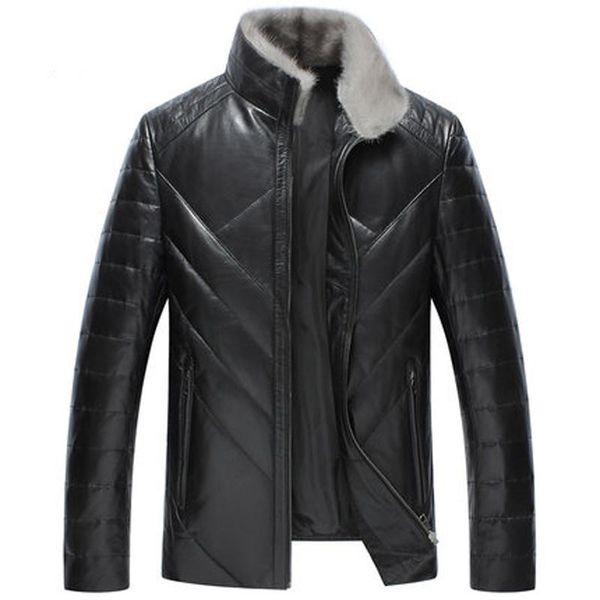 

men's leather & faux 2021 arrival winter real sheepskin& collar white duck down jackets coat plus size jaqueta de cour, Black