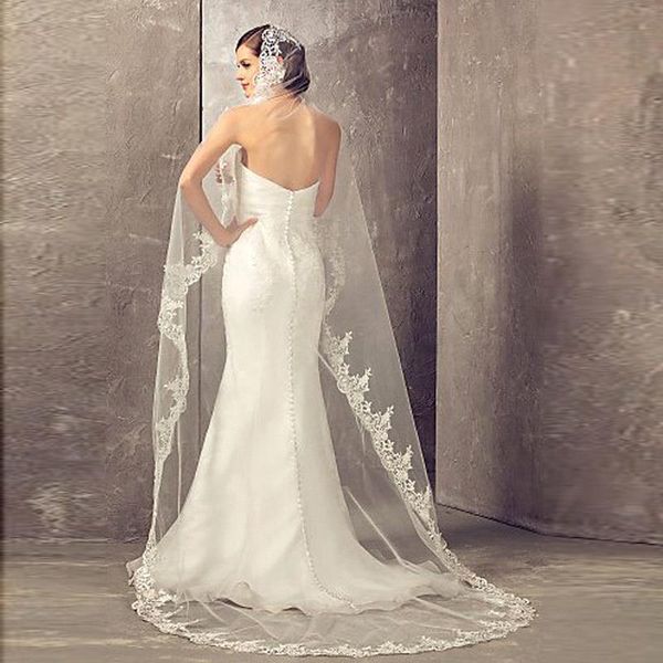 

bridal veils veu de noiva longo lace appliques one layers 2.7 m long wedding with comb accessories cathedral, Black