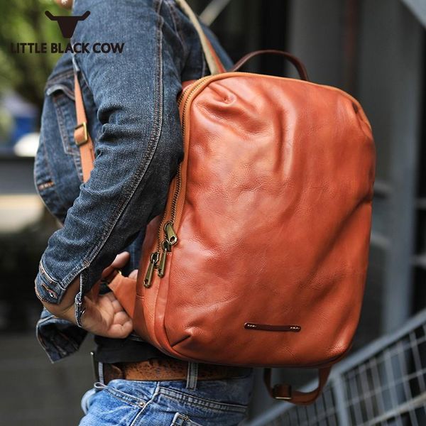 

backpack men vintage genuine cow leather handmade biker lapmochila travel brown school satchel