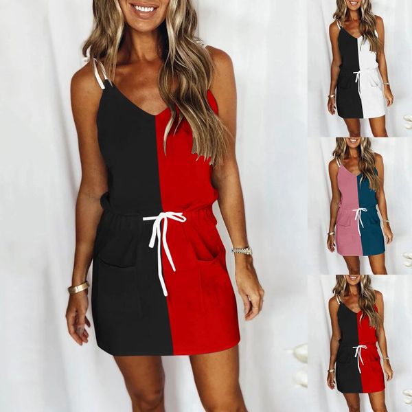 

casual dresses women's summer patchwork print fashion v-neck sleeveless straps lacing loose mini dress beach holiday sundress, Black;gray