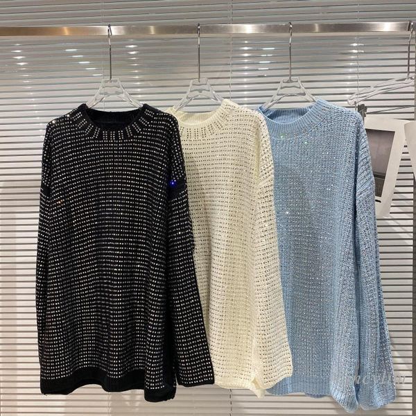 

women's sweaters knitwear femme 2021 autumn heavy industry full-body square rhinestone round neck loose knitted sweater for women, White;black