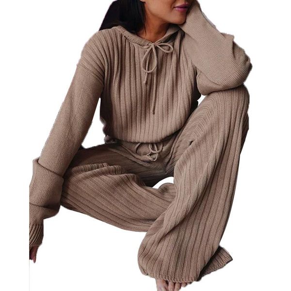

women suit fashion trend ladies autumn knit 2 piece long sleeve loose hooded high waist wide leg pants casual wear women's two, White