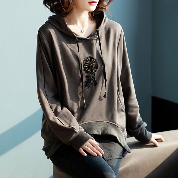 

women's hooded sweater spring autumn winter 2021 fake two loose fashion large long sved, Black