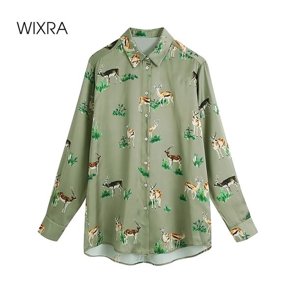 

wixra womens blouse long sleeve turn down collar deer print satin casual shirts spring summer new 210419, Black;brown