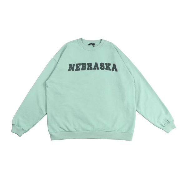 

nebraska letter oversized long sve clothing men women mint green round neck with worn hol sweatshirt, Black