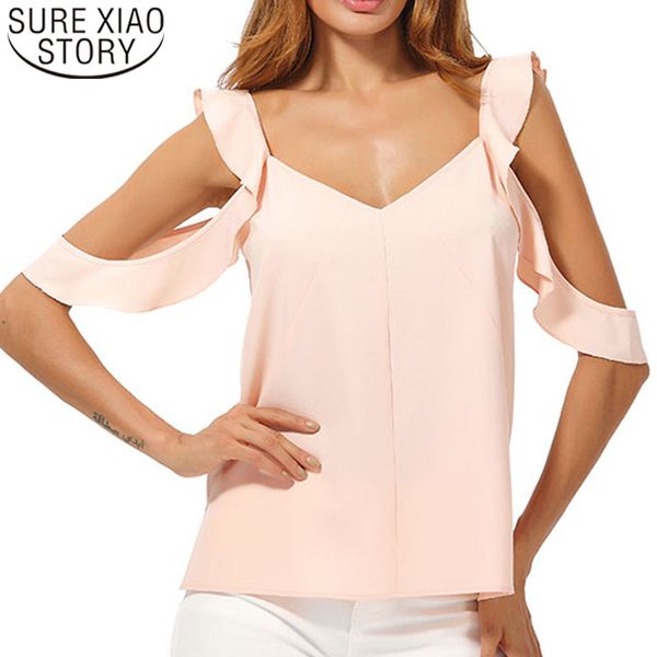 Camicetta da donna e camicetta da donna Camicetta in chiffon senza maniche Top per donna Camicia rosa Ruffles Solido scollo a V 4756 50 210415