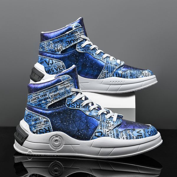 

new design blue fashion graffiti print glitter shoes men casual comfort hip-hop platform sneakers men luxury high shoes 2021
