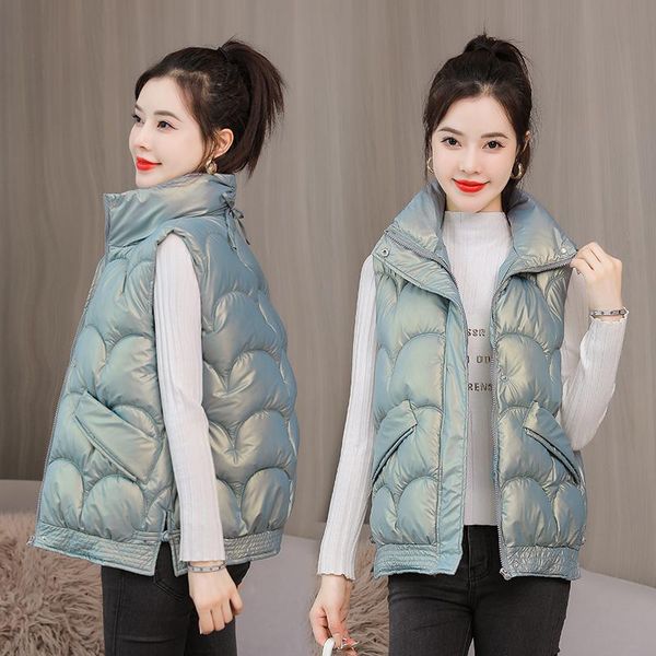 

women's vests autumn winter solid glossy vest stand collar short cotton padded waistcoat bright female sleeveless puffer jacket, Black;white