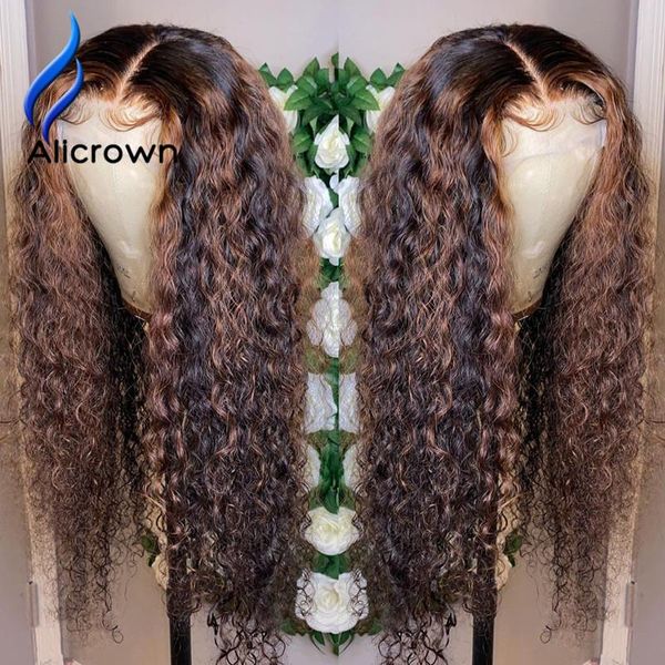 

lace wigs alicrown highlight curly human hair 13x4 front for women bleached knots non-remy 180% density pre-plucked, Black;brown