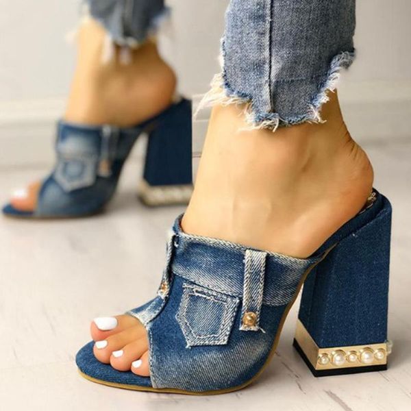 

high heels ins fashion denim mules slip on slipper square pocket decoration shoes women summer sandals pumps dress, Black