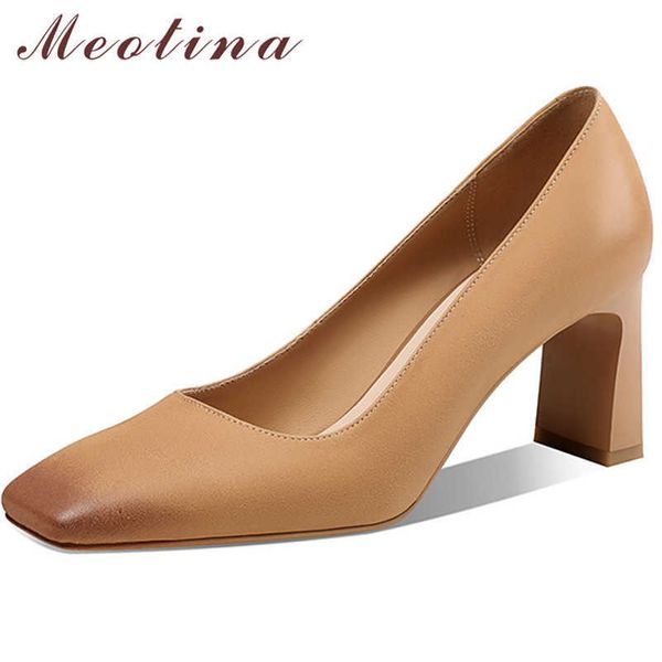 

meotina genuine leather high heels women shoes square toe pumps block heel office female footwear spring brown size 42 210608, Black