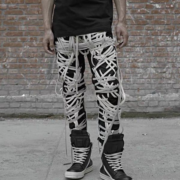 

women's pants & capris black white patchwork bandage trouser high waist slim for female 2021 streetwear fashion tide