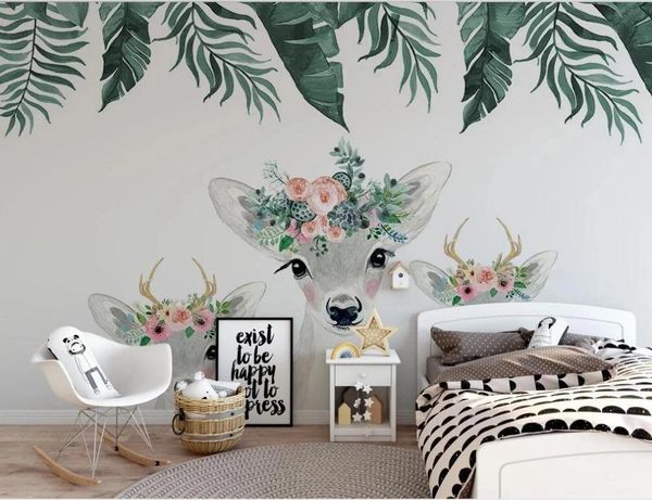 

wallpapers custom large 3d mural self adhesive wallpaper nordic style hand-painted watercolor deer flower plants children room background