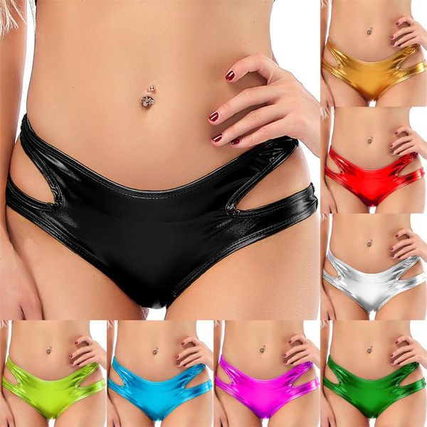 

women's panties chronstyle women shiny hollow out briefs pu leather shorts underwear clubwear low waist solid 2022 streetwear, Black;pink