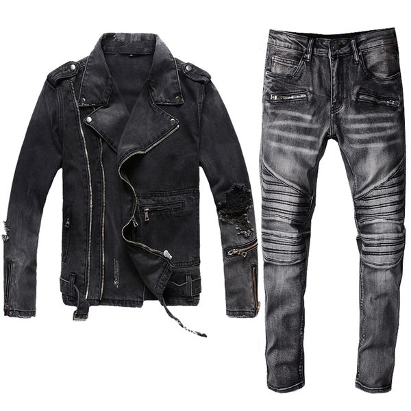 

winter mens black denim two piece set new autumn fashion slim denim jackets and biker jeans vintage 2pcs sets brand clothes suits, Gray