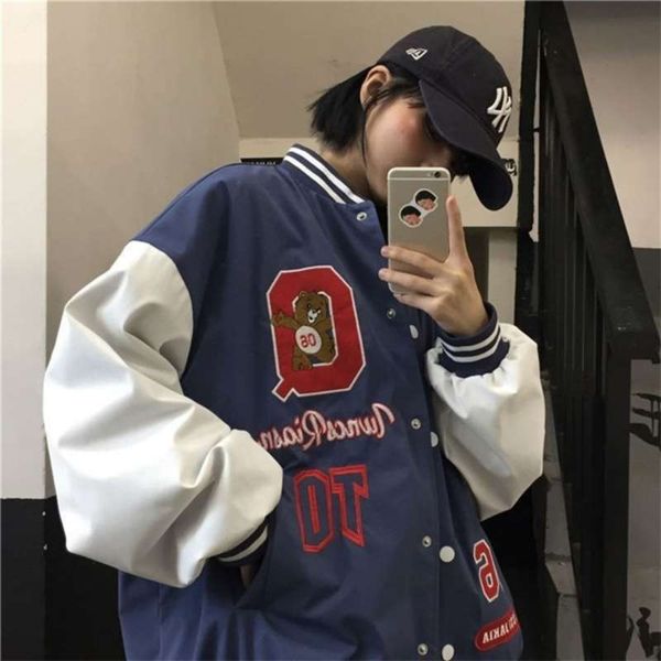 

vintage bear letters baseball jacket coat women oversized spring harajuku korean style loose outerwear cool girls ins 210928, Black;brown