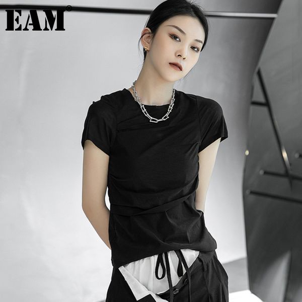 

[eam] women black slim asymmetrical spliced casual t-shirt round neck short sleeve fashion spring summer 1dd7710 210512, White