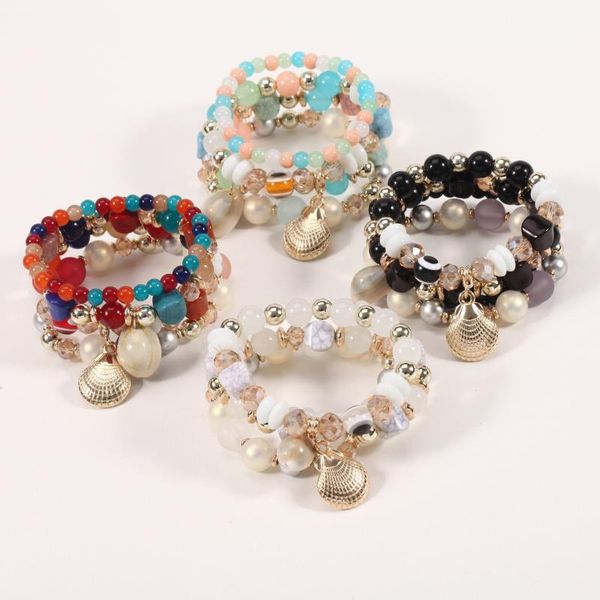 

link, chain ladies bohemian beach style natural shell pearl bracelet elastic beaded multi-color multi-layer ethnic set, Black