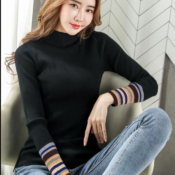 

women's sweaters black turtleneck pullovers sweater 2021 autumn women slim long sleeve elasticity soft pull femme jumper, White;black